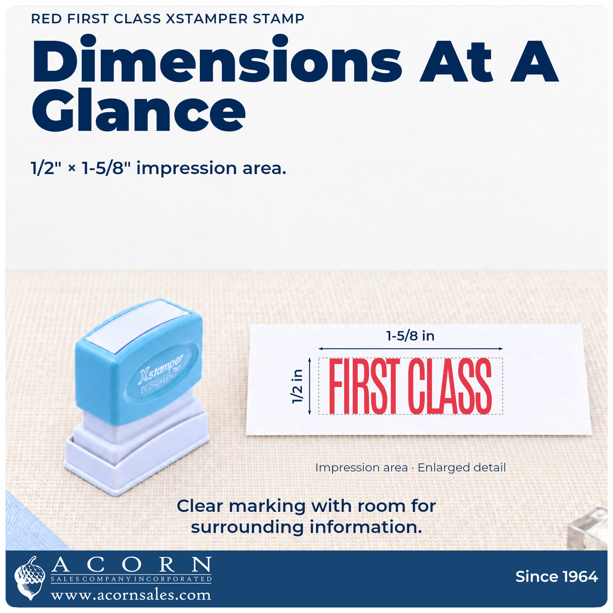 Impression size guide: the "First class" imprint measures 1-5/8 x 1/2 in