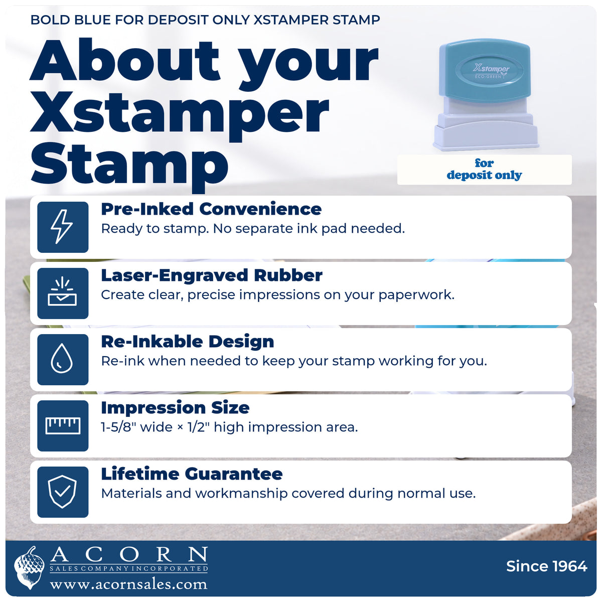 About your For Deposit Only Banking Stamp – Bold Blue Pre-Inked Xstamper: Xstamper 1333 pre-inked stock stamp facts