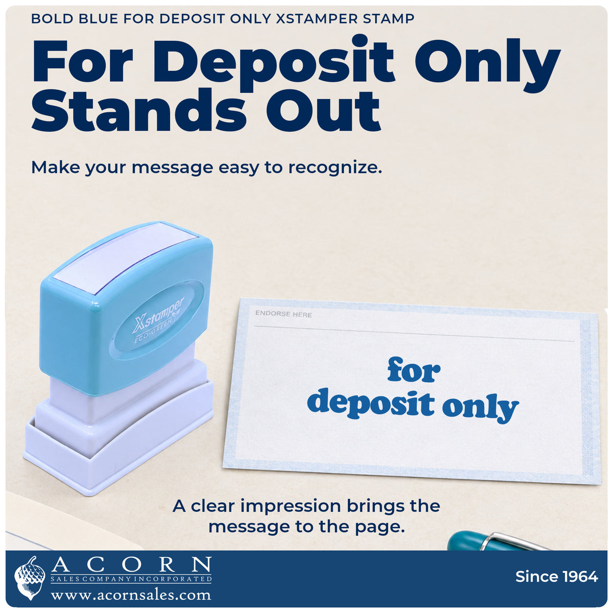 "For deposit only" imprint on office paperwork beside the For Deposit Only Banking Stamp – Bold Blue Pre-Inked Xstamper