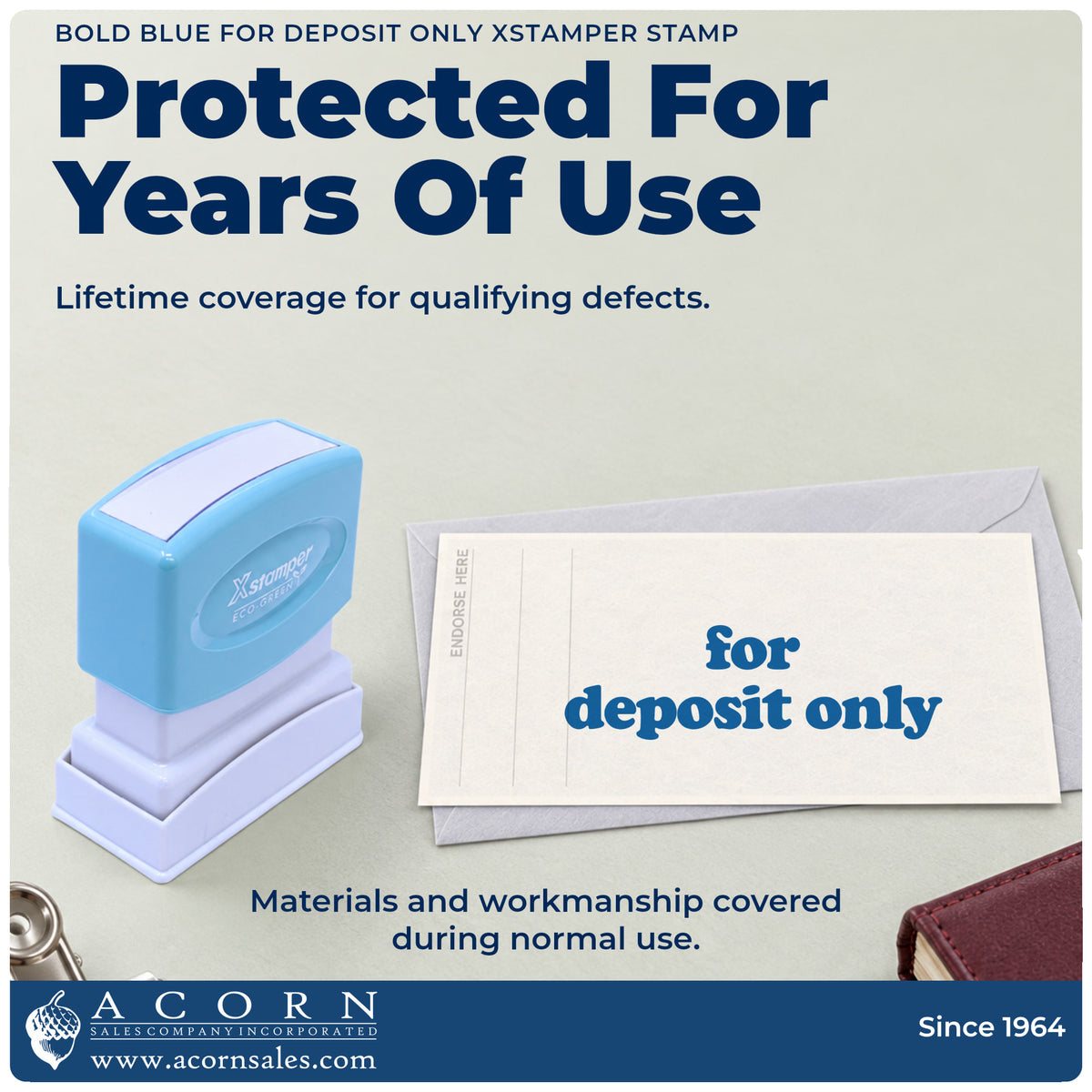 Lifetime guarantee graphic shown with the For Deposit Only Banking Stamp – Bold Blue Pre-Inked Xstamper from Acorn Sales