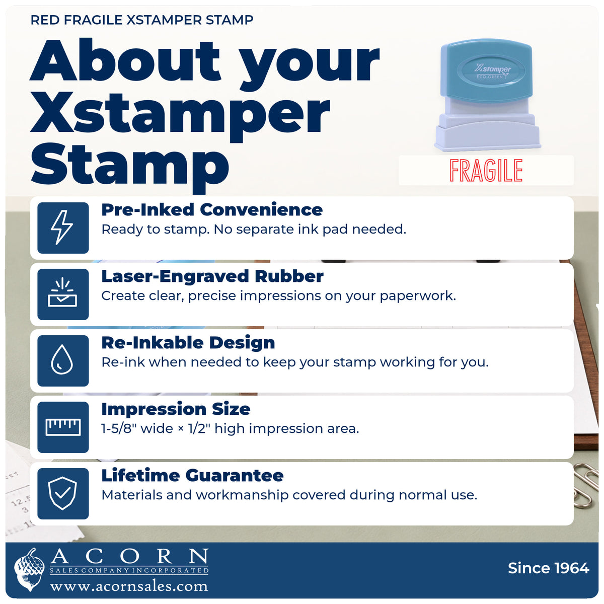 About your Xstamper Fragile Mailing Stamp – Red Pre-Inked: Xstamper 1010 pre-inked stock stamp facts