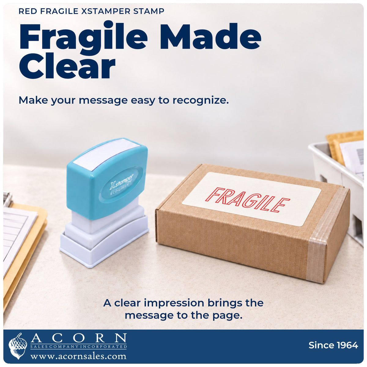 "Fragile" imprint on office paperwork beside the Xstamper Fragile Mailing Stamp – Red Pre-Inked