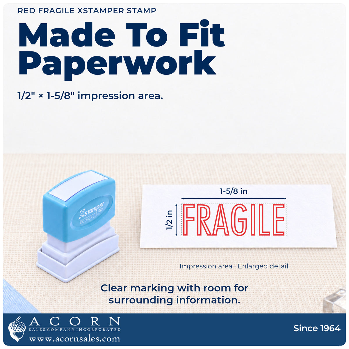 Impression size guide: the "Fragile" imprint measures 1-5/8 x 1/2 in