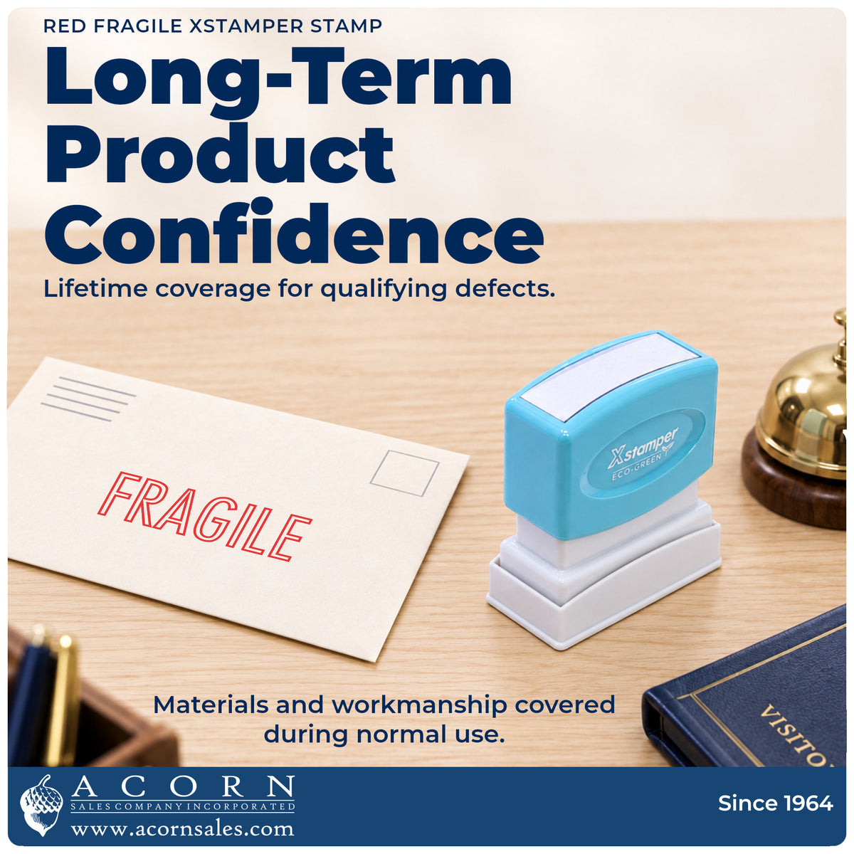 Lifetime guarantee graphic shown with the Xstamper Fragile Mailing Stamp – Red Pre-Inked from Acorn Sales