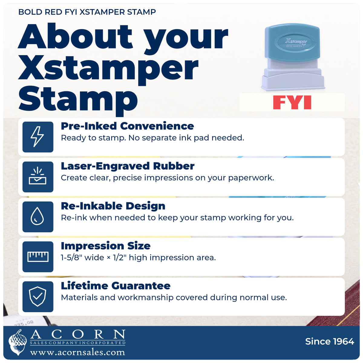 About your FYI Stamp – Bold Red Pre-Inked Xstamper: Xstamper 1361 pre-inked stock stamp facts