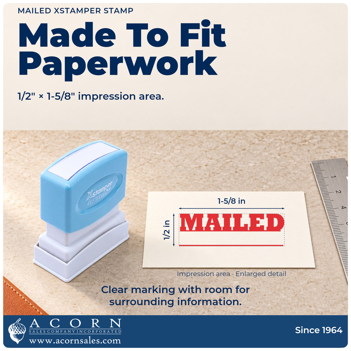 Impression size guide: the "Mailed" imprint measures 1-5/8 x 1/2 in