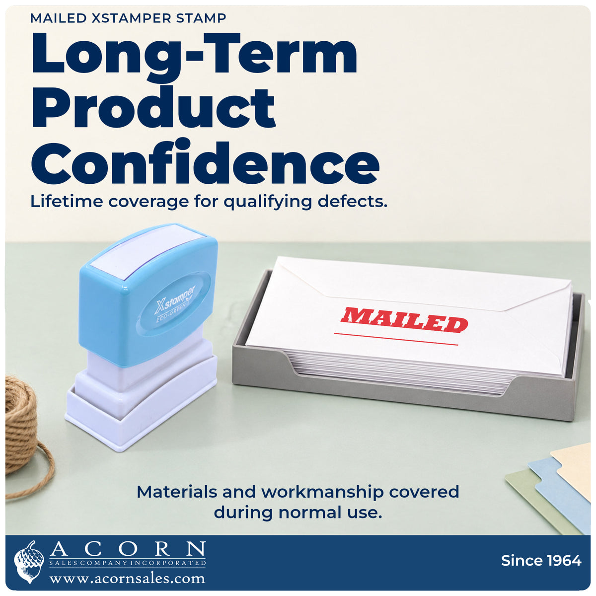 Lifetime guarantee graphic shown with the Mailed Stamp For Mail Processing from Acorn Sales