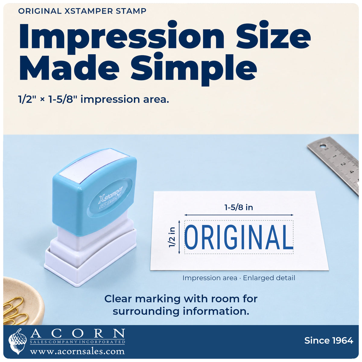 Impression size guide: the "Original" imprint measures 1/2 x 1-5/8 in