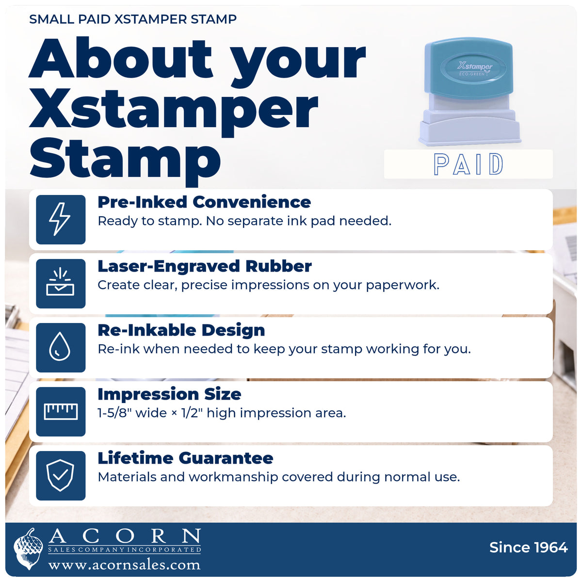About your Small Paid Stamp: Xstamper 1005 pre-inked stock stamp facts
