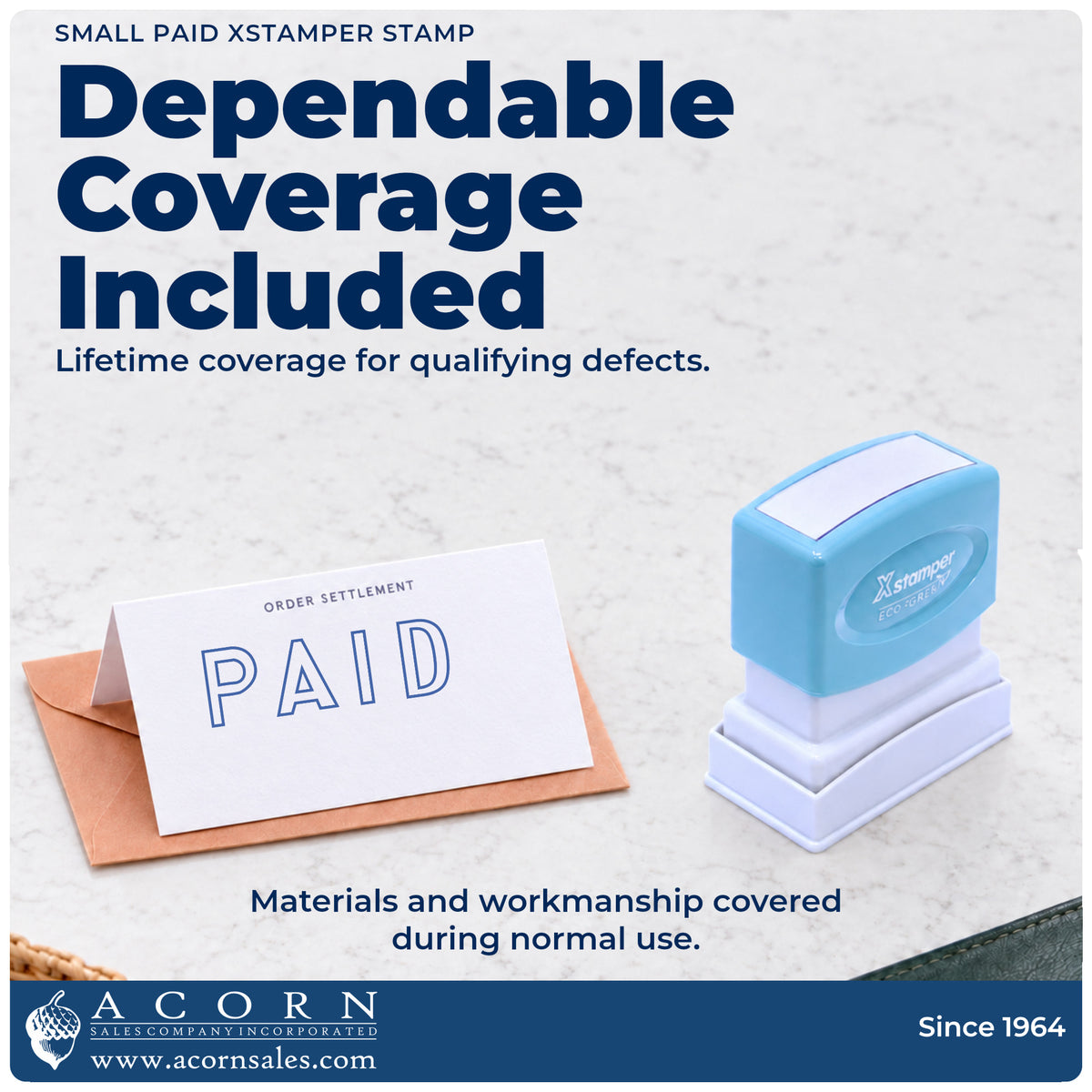 Lifetime guarantee graphic shown with the Small Paid Stamp from Acorn Sales
