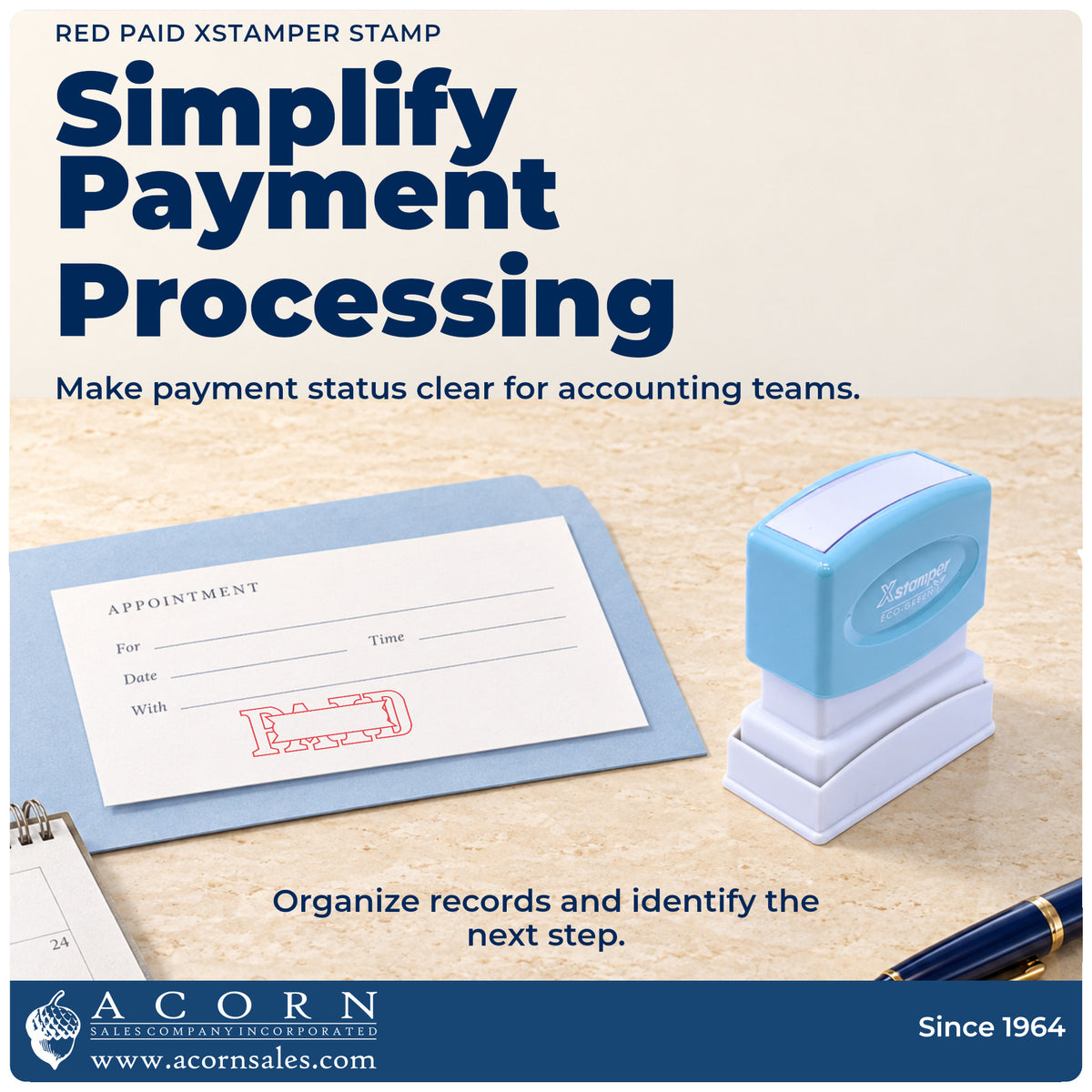 Office workflow showing where the "Paid" stamp marks documents