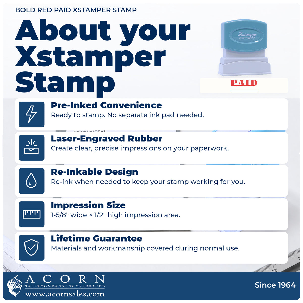 About your Bold Red Paid Stamp: Xstamper 1221 pre-inked stock stamp facts