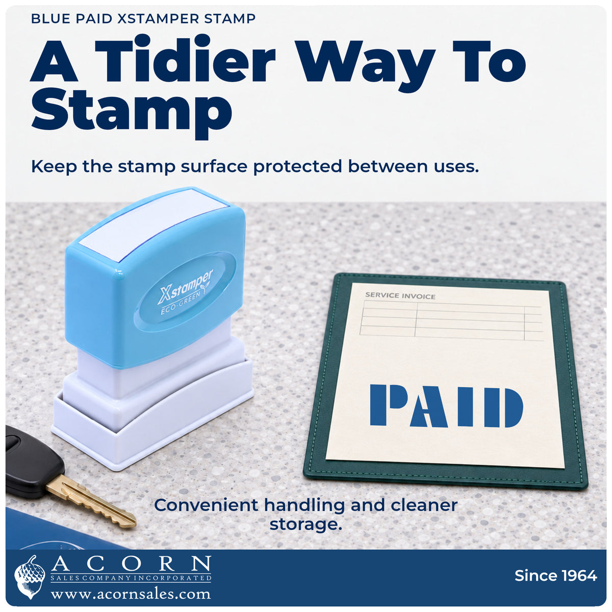 Features of the Paid Stamp – Blue Pre-Inked Xstamper: pre-inked Xstamper 1335, 1/2 x 1-5/8 in imprint