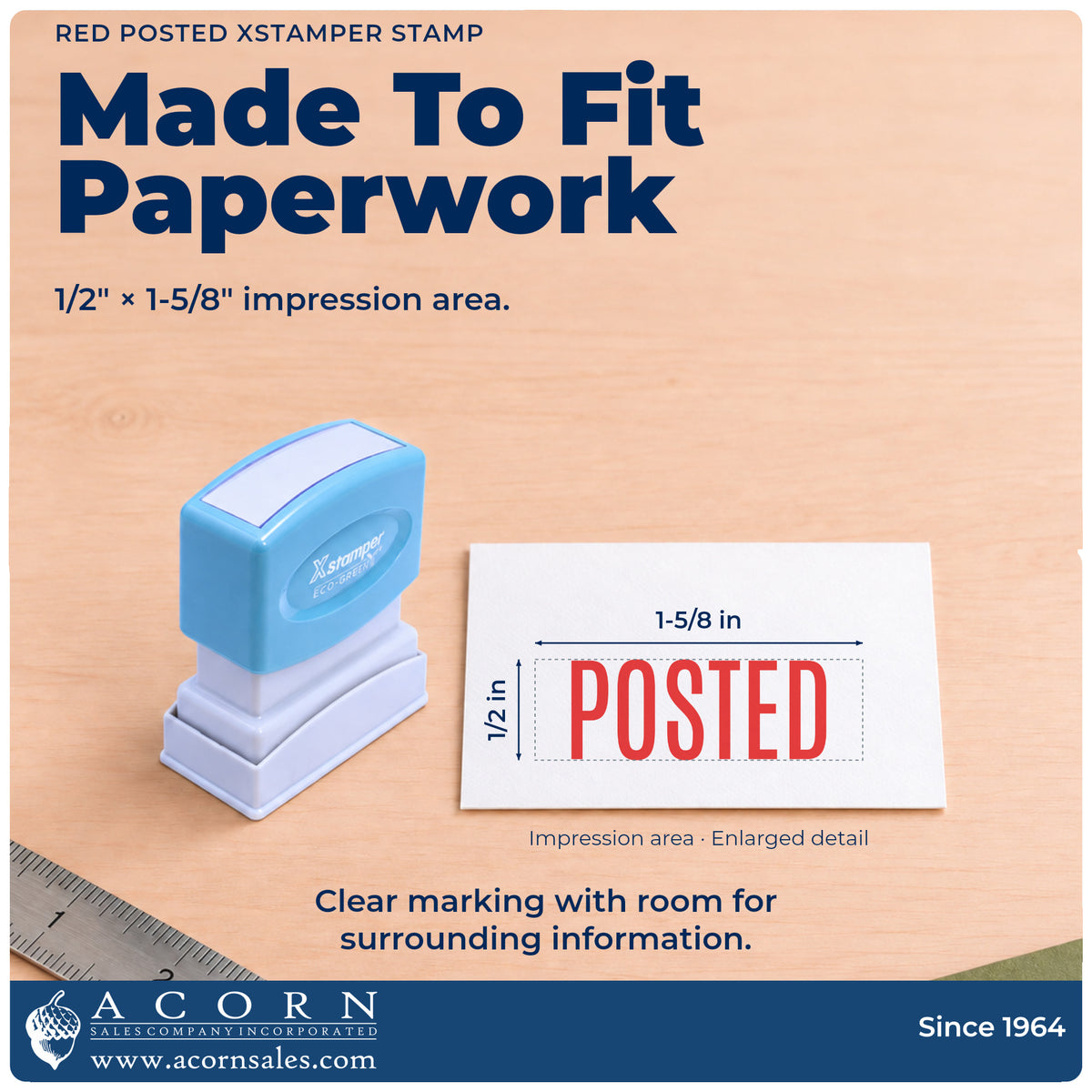 Impression size guide: the "Posted" imprint measures 1/2 x 1-5/8 in