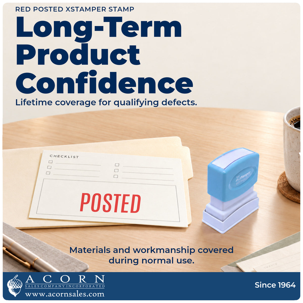 Lifetime guarantee graphic shown with the Posted Record Stamp – Red Pre-Inked Xstamper from Acorn Sales
