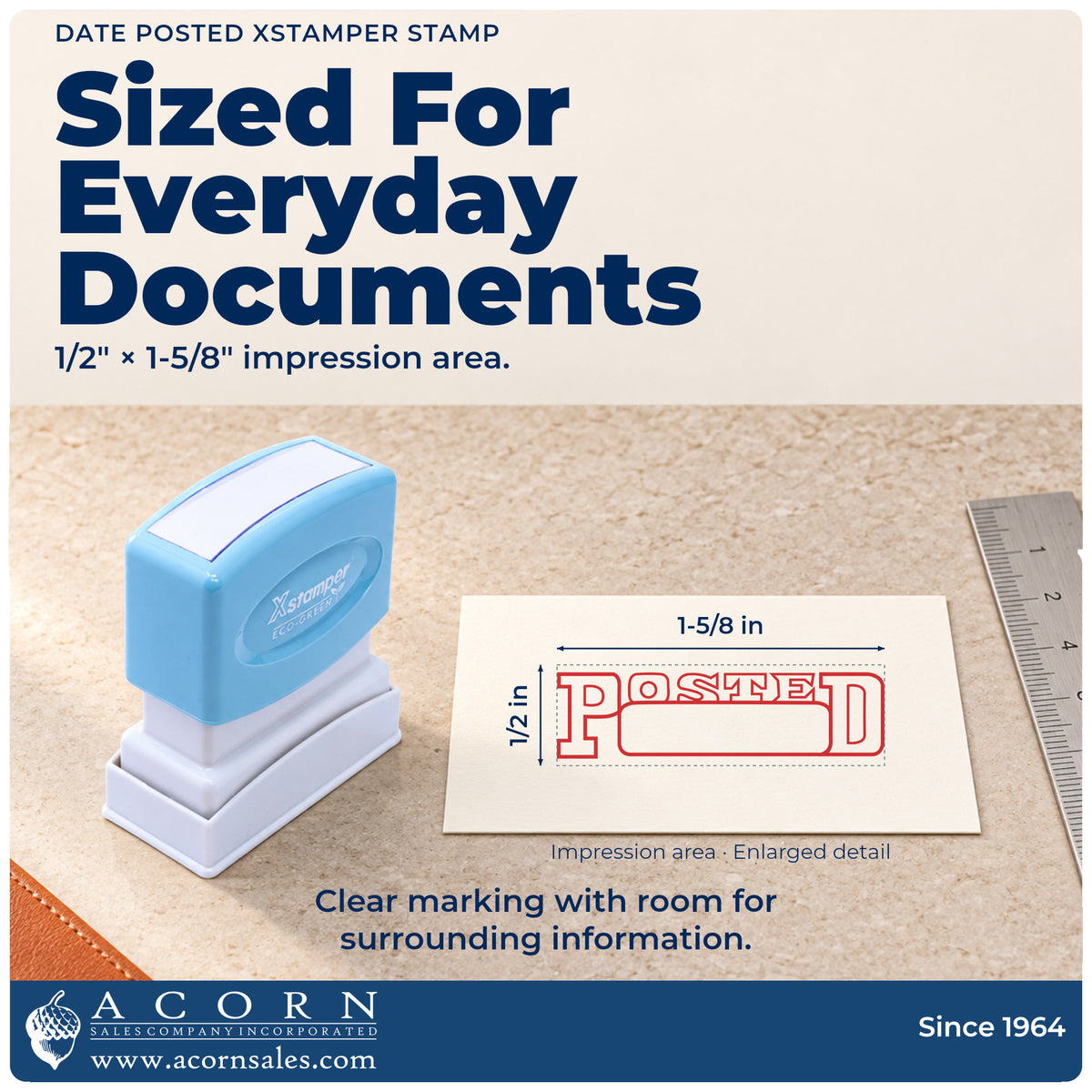Impression size guide: the "Date posted" imprint measures 1-5/8 x 1/2 in