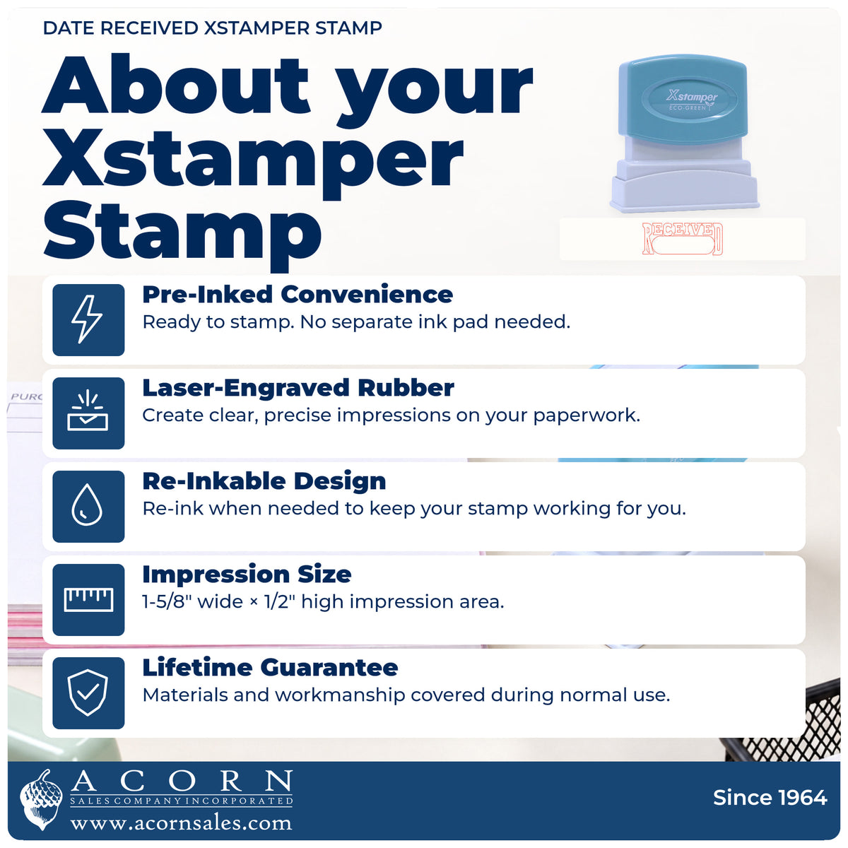 About your Date Received Stamp: Xstamper 1203 pre-inked stock stamp facts