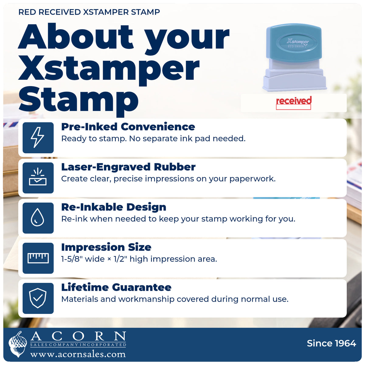 About your Received Office Stamp – Red Pre-Inked Xstamper: Xstamper 1223 pre-inked stock stamp facts