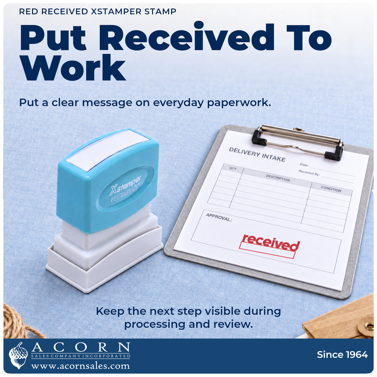 Received Office Stamp – Red Pre-Inked Xstamper being pressed to leave an imprint reading "Received"