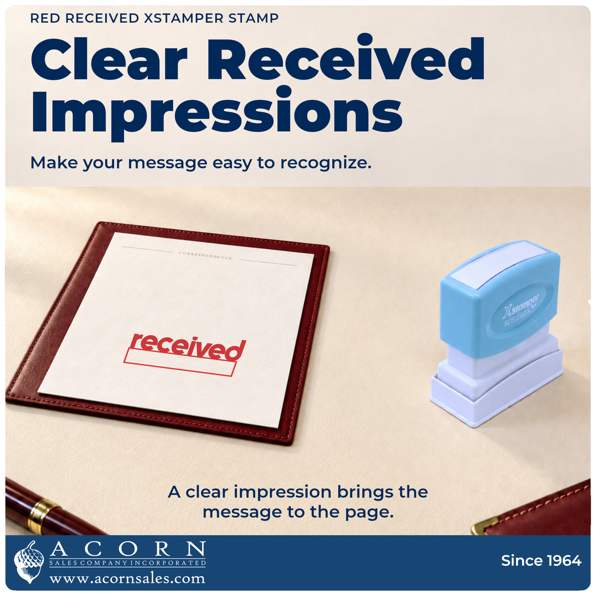 "Received" imprint on office paperwork beside the Received Office Stamp – Red Pre-Inked Xstamper