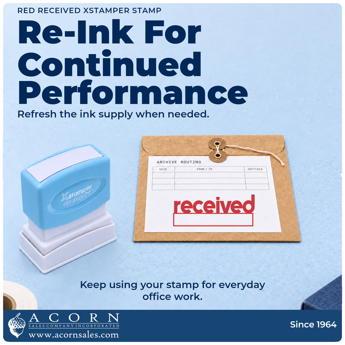 Re-inkable pre-inked build of the Received Office Stamp – Red Pre-Inked Xstamper shown in detail