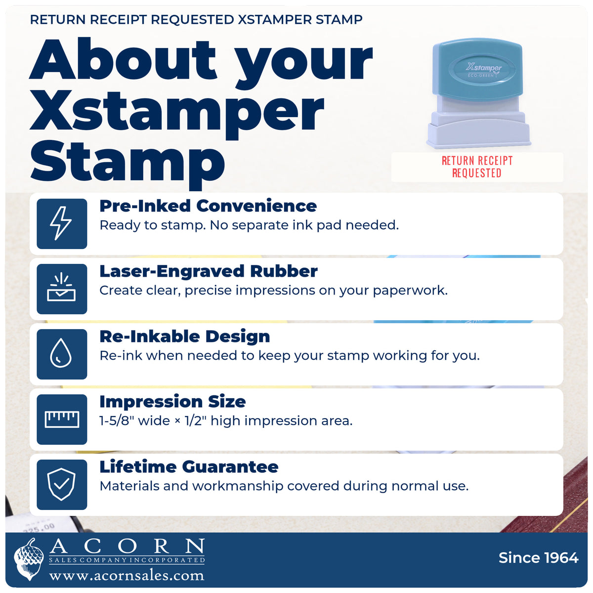 About your Return Receipt Requested Stamp: Xstamper 1504 pre-inked stock stamp facts