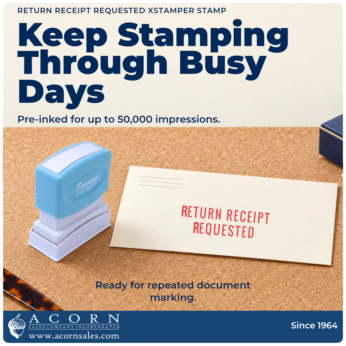 Re-inkable pre-inked build of the Return Receipt Requested Stamp shown in detail