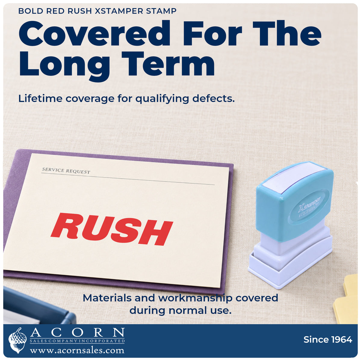 Lifetime guarantee graphic shown with the Bold Red Rush Stamp from Acorn Sales