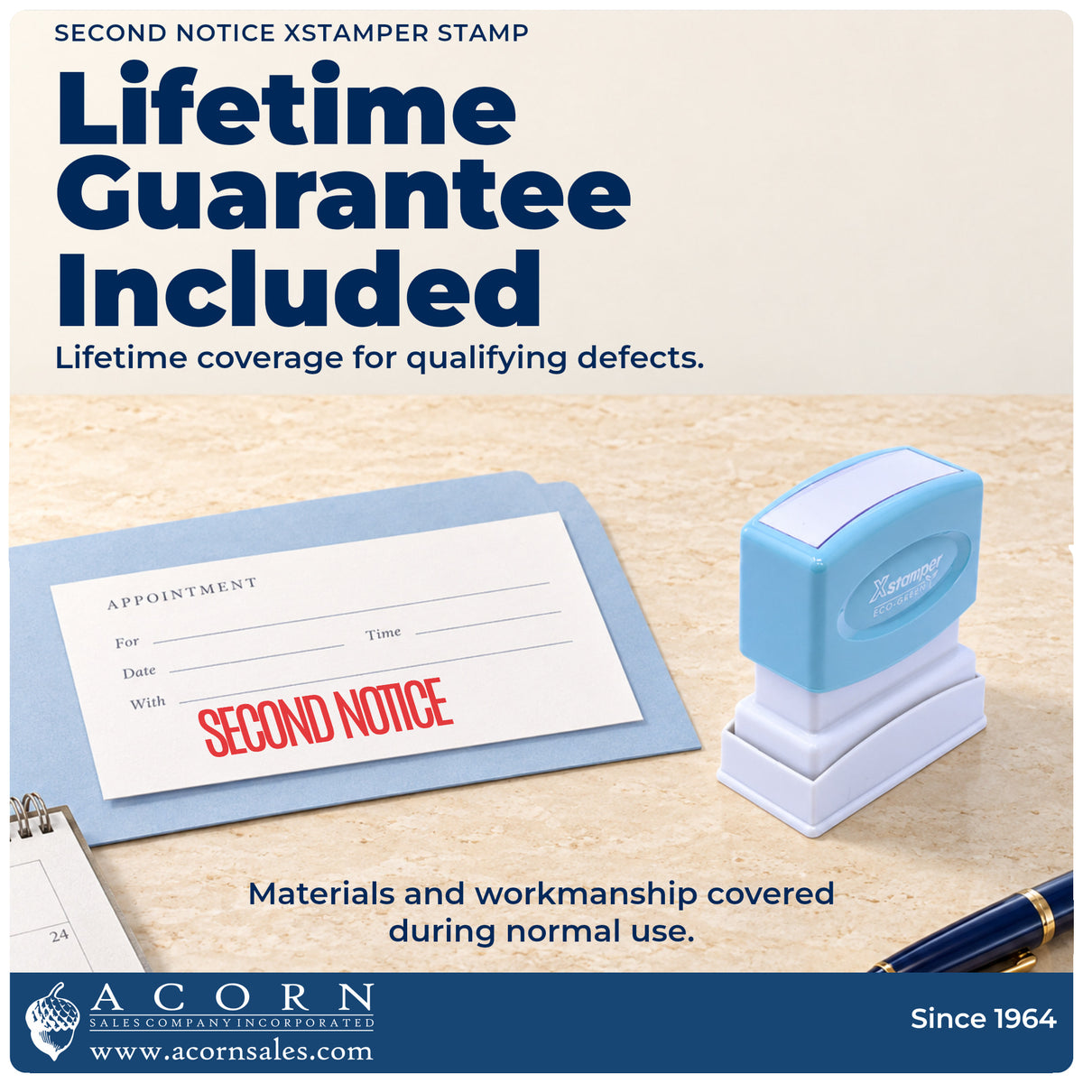 Lifetime guarantee graphic shown with the Second Notice Billing Stamp from Acorn Sales