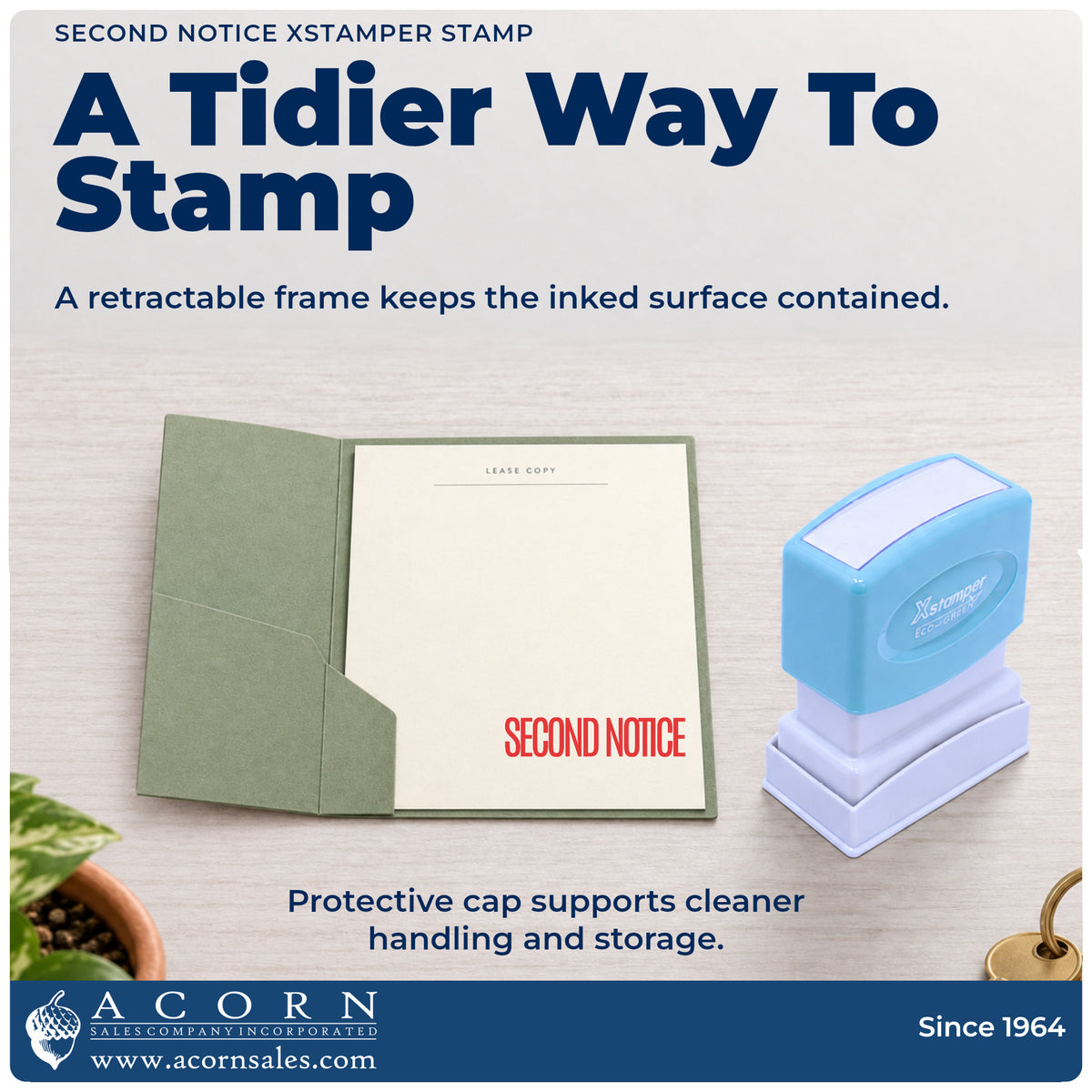 Features of the Second Notice Billing Stamp: pre-inked Xstamper 1012, 1/2 x 1-5/8 in imprint