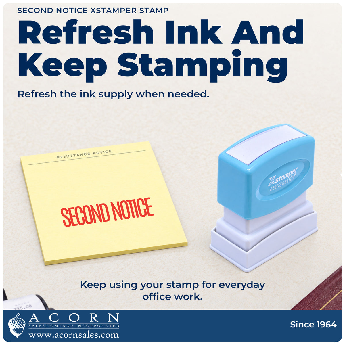Re-inkable pre-inked build of the Second Notice Billing Stamp shown in detail