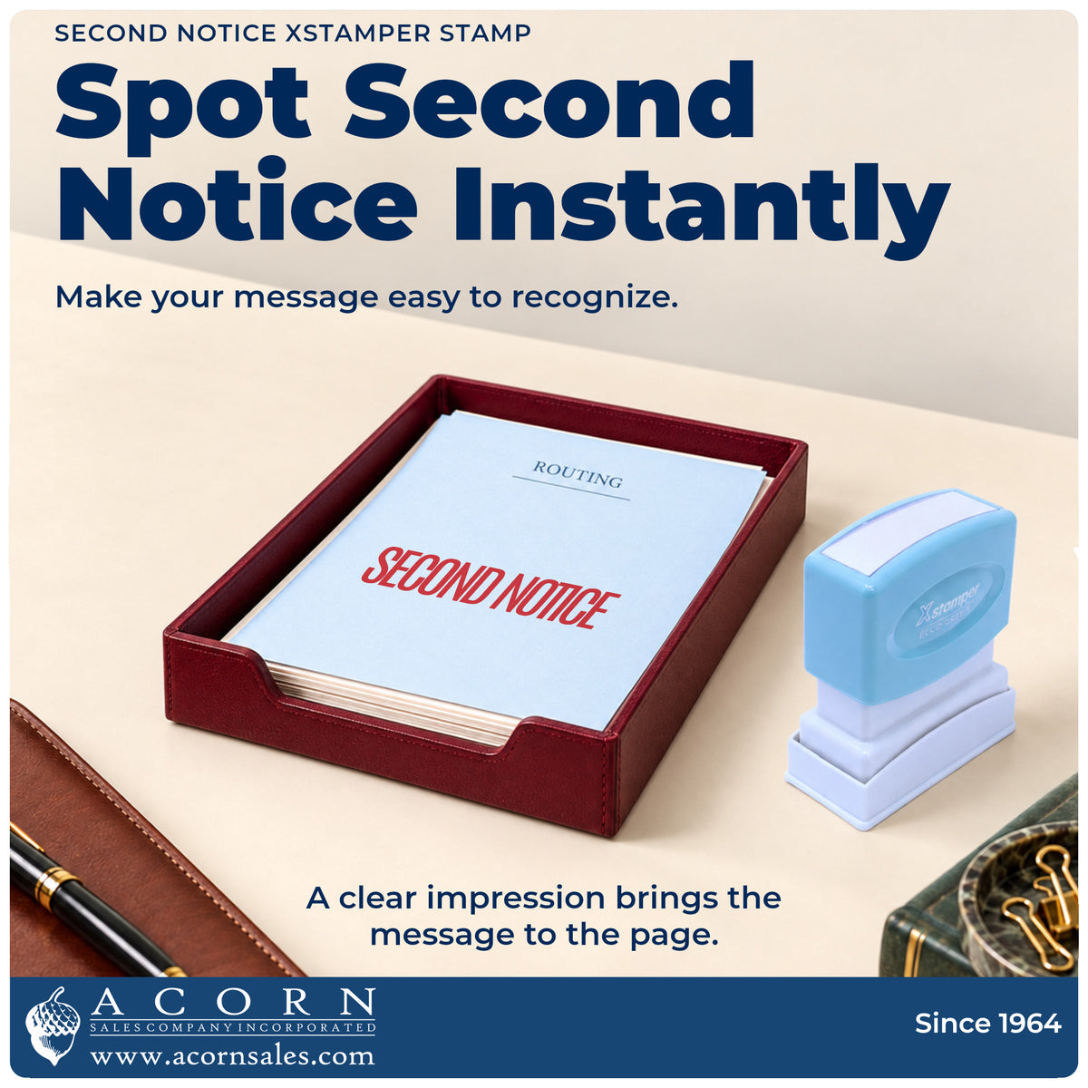 "Second notice" imprint on office paperwork beside the Second Notice Billing Stamp