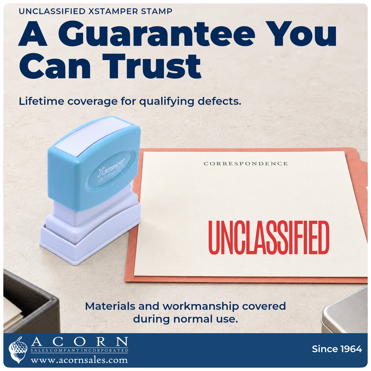Lifetime guarantee graphic shown with the Unclassified Document Stamp from Acorn Sales