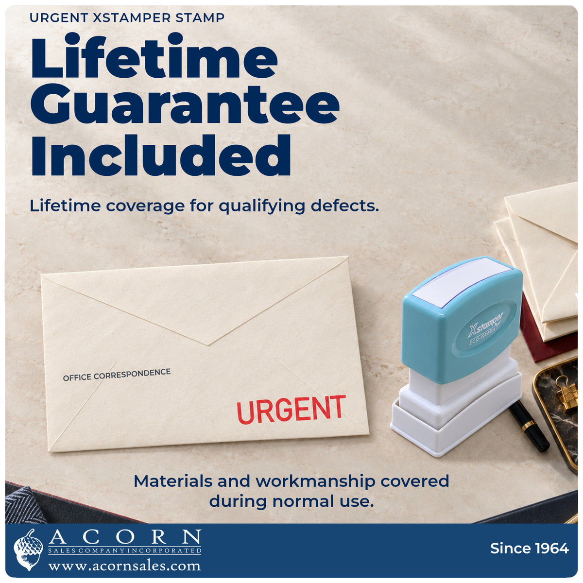 Lifetime guarantee graphic shown with the Xstamper Urgent Document Stamp from Acorn Sales