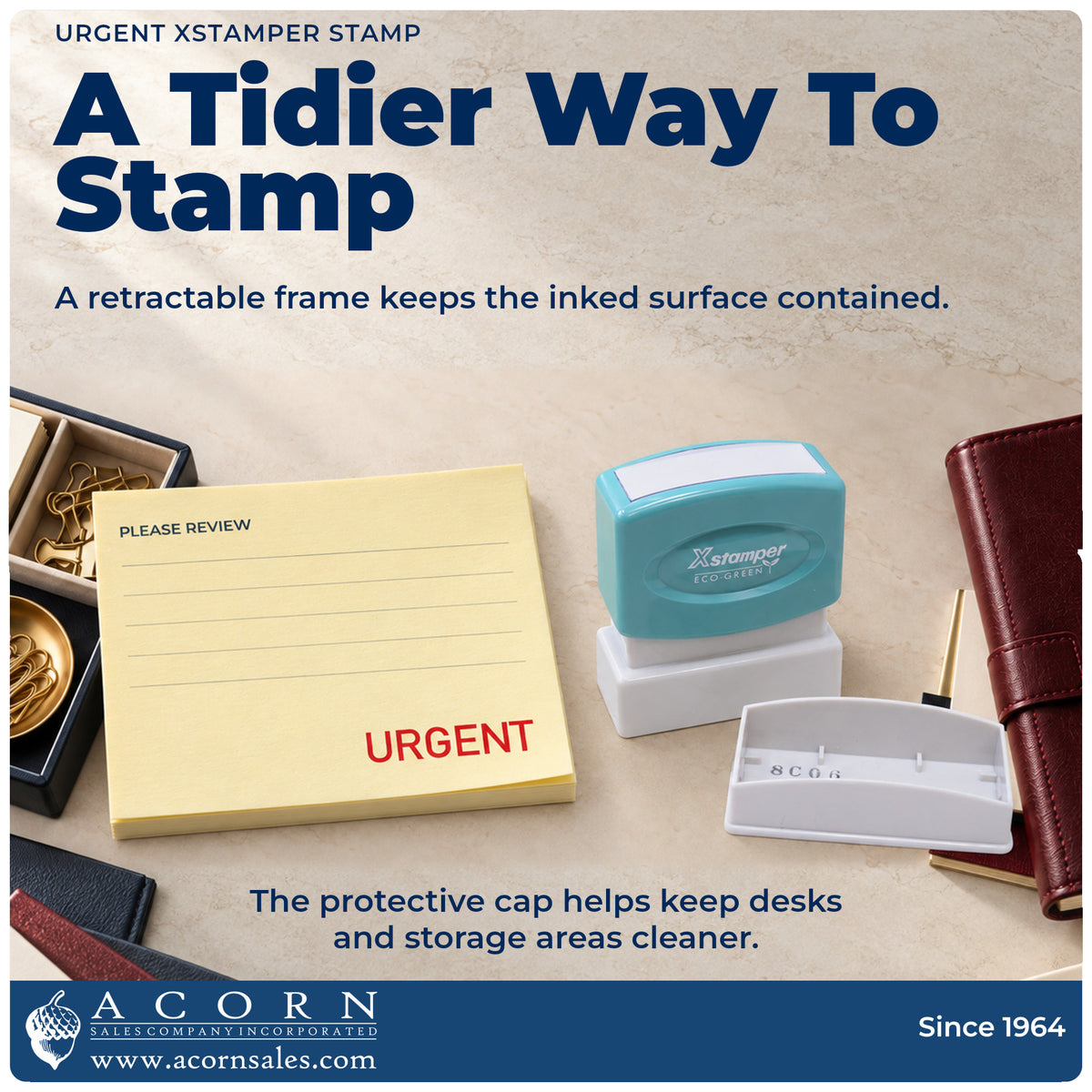Features of the Xstamper Urgent Document Stamp: pre-inked Xstamper 1103, 1/2 x 1-5/8 in imprint