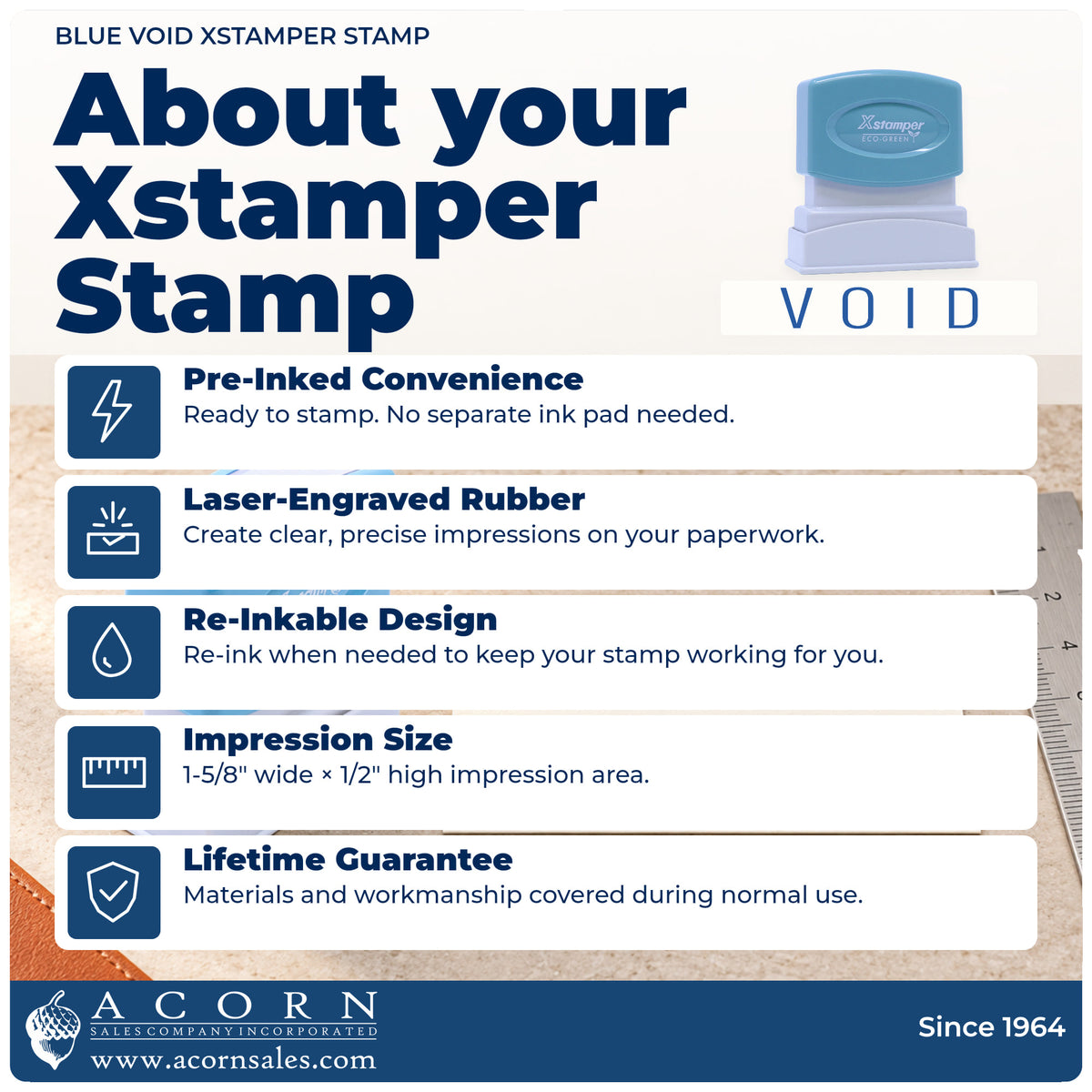 About your Xstamper Void Stamp – Blue Pre-Inked: Xstamper 1117 pre-inked stock stamp facts