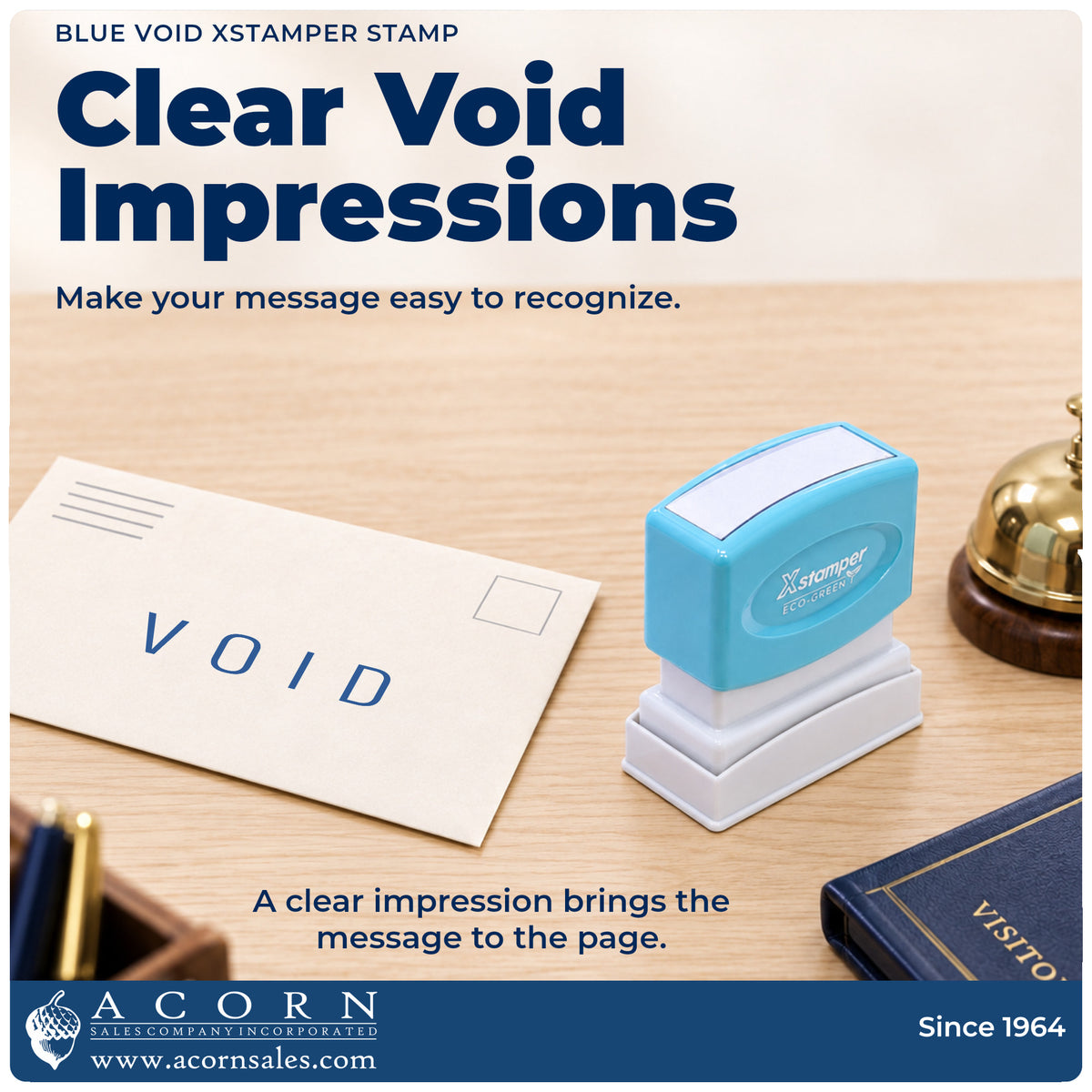 "Void" imprint on office paperwork beside the Xstamper Void Stamp – Blue Pre-Inked