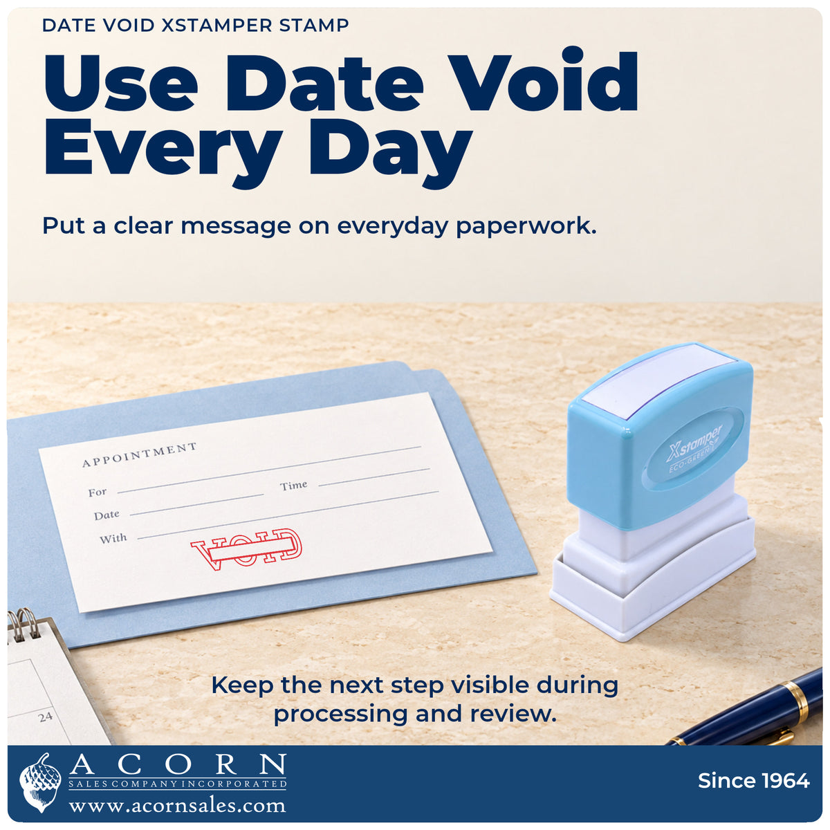 Date Void Text Stamp being pressed to leave an imprint reading "Date void"