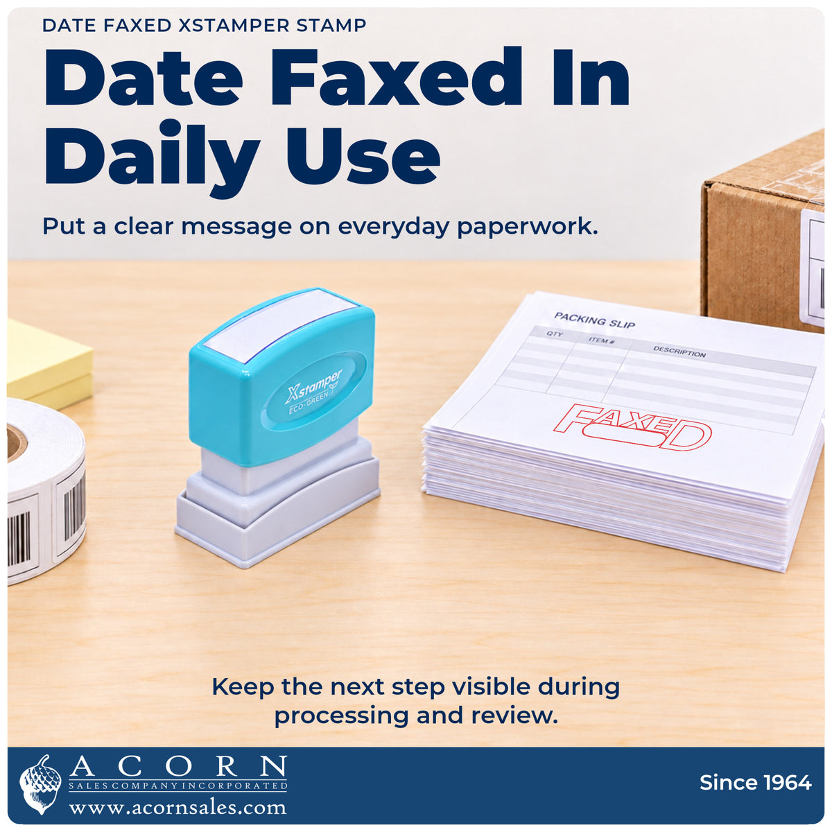 Xstamper Date Faxed Stamp being pressed to leave an imprint reading "Date faxed"