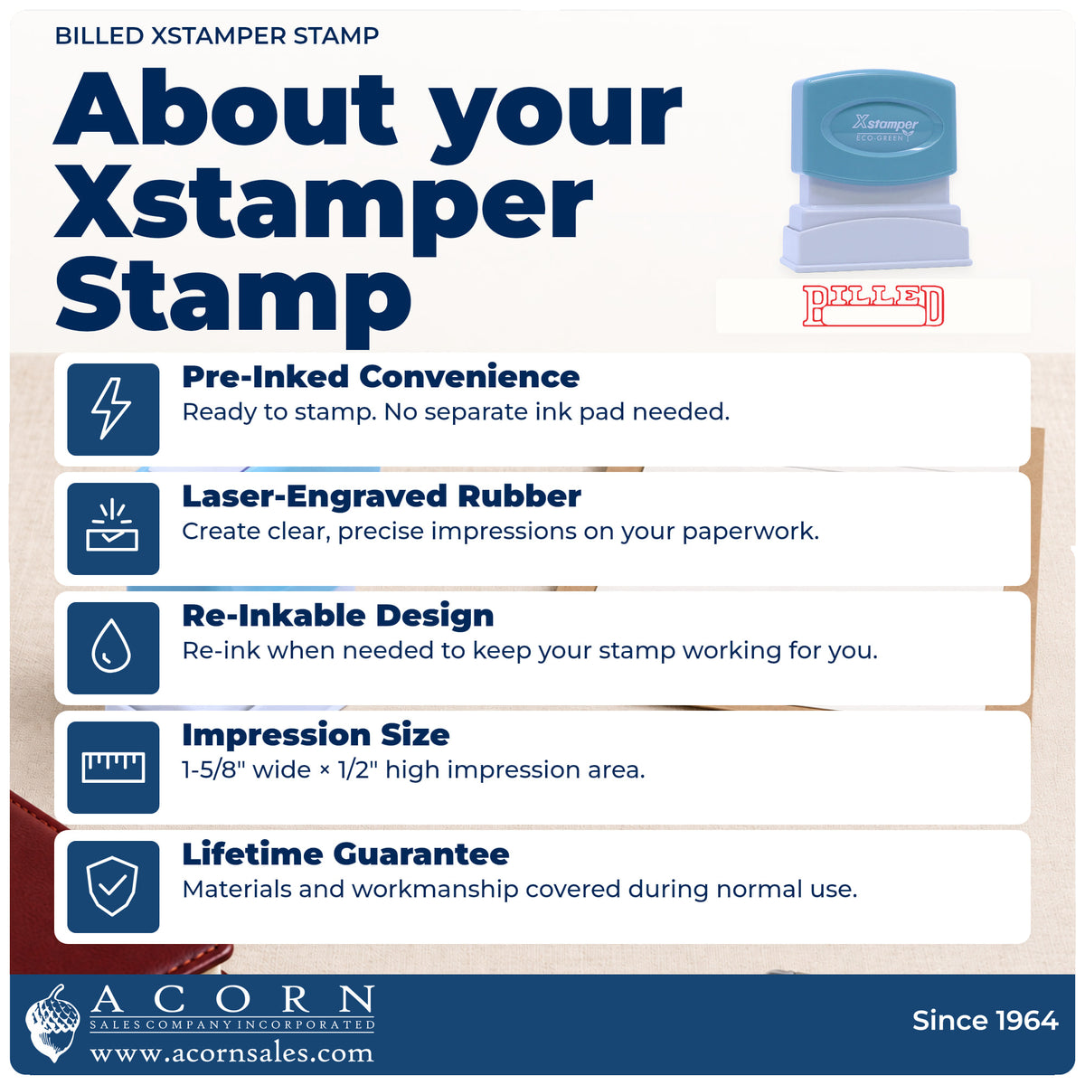 About your Xstamper Billed Invoice Stamp: Xstamper 1208 pre-inked stock stamp facts