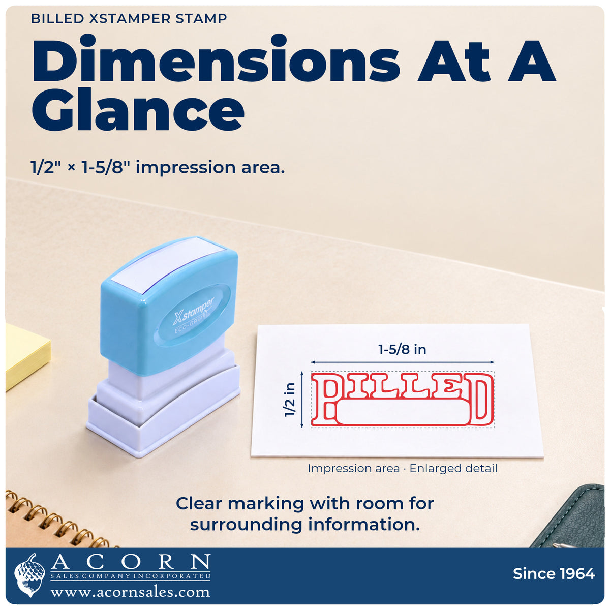 Impression size guide: the "Billed" imprint measures 1-5/8 x 1/2 in