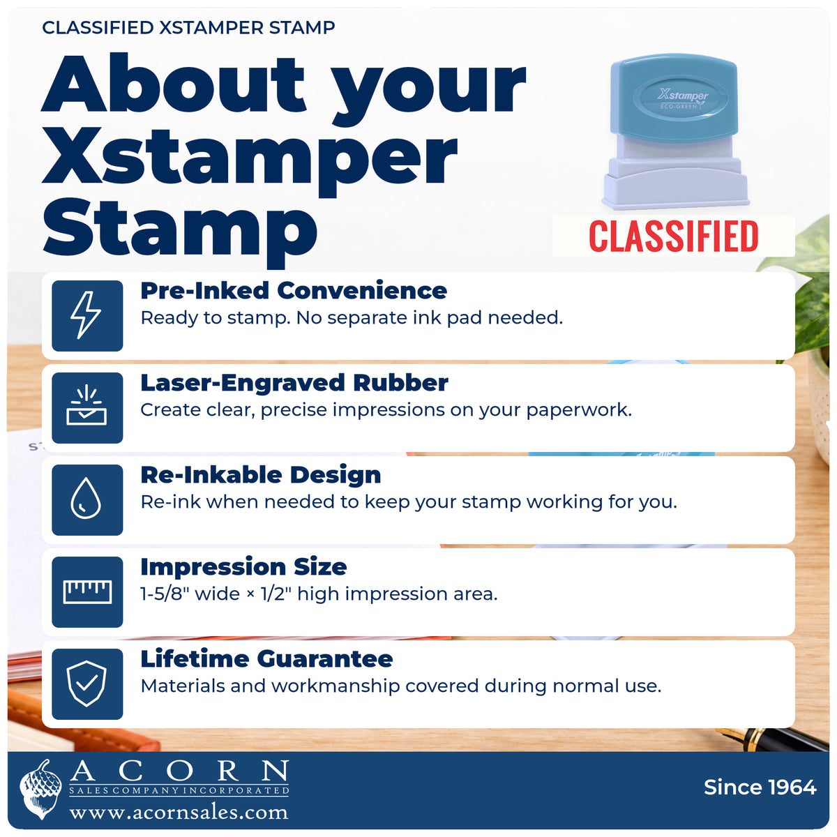 About your Classified Document Stamp: Xstamper 1588 pre-inked stock stamp facts