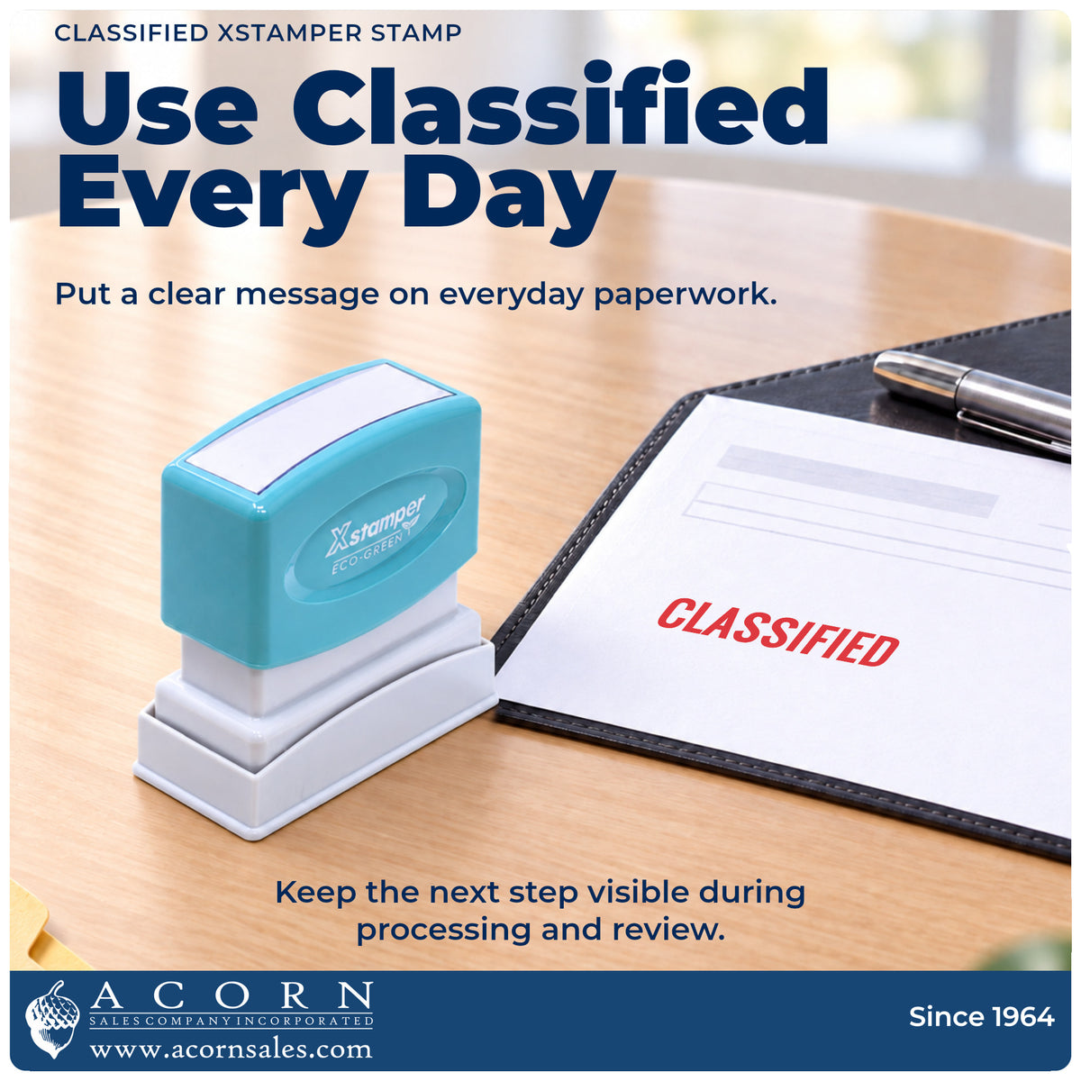 Classified Document Stamp being pressed to leave an imprint reading "Classified"