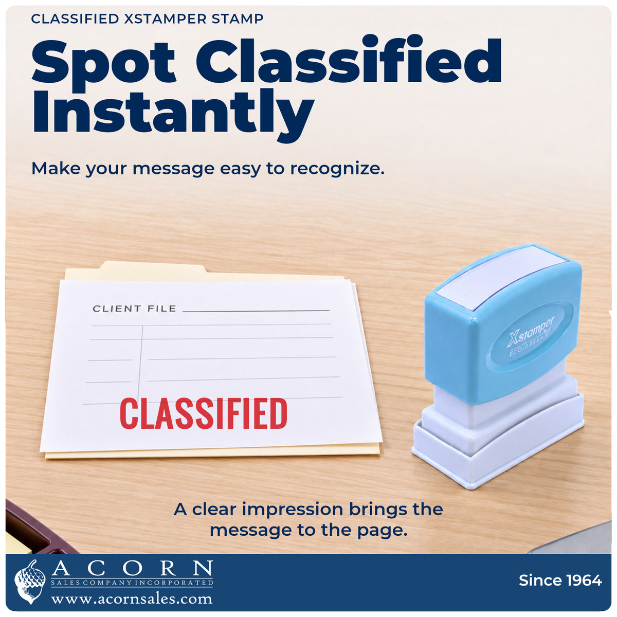 "Classified" imprint on office paperwork beside the Classified Document Stamp