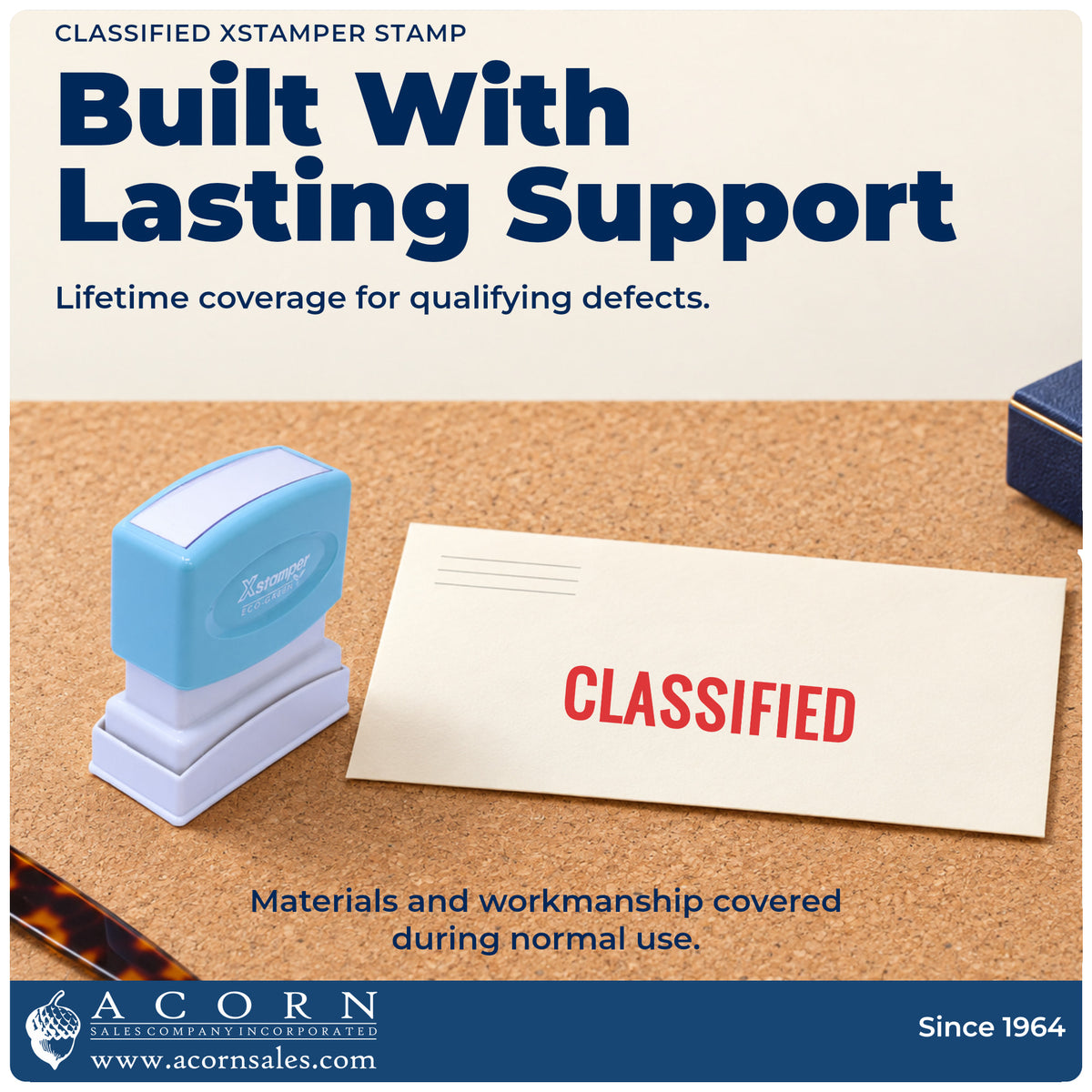 Lifetime guarantee graphic shown with the Classified Document Stamp from Acorn Sales