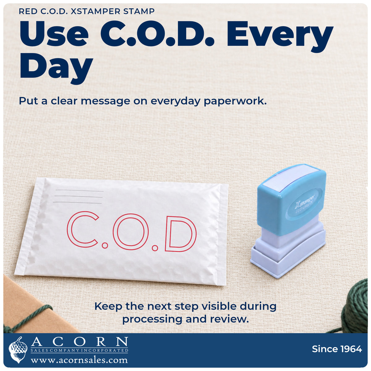 C.O.D. Office Stamp – Red Pre-Inked Xstamper being pressed to leave an imprint reading "C.O.D."