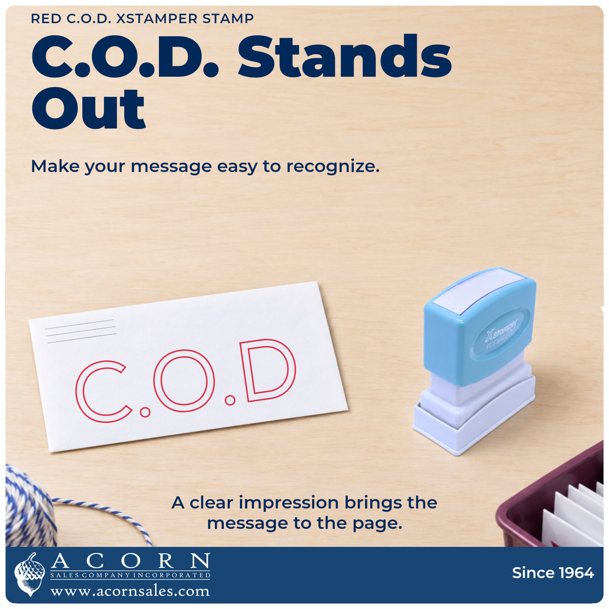 "C.O.D." imprint on office paperwork beside the C.O.D. Office Stamp – Red Pre-Inked Xstamper