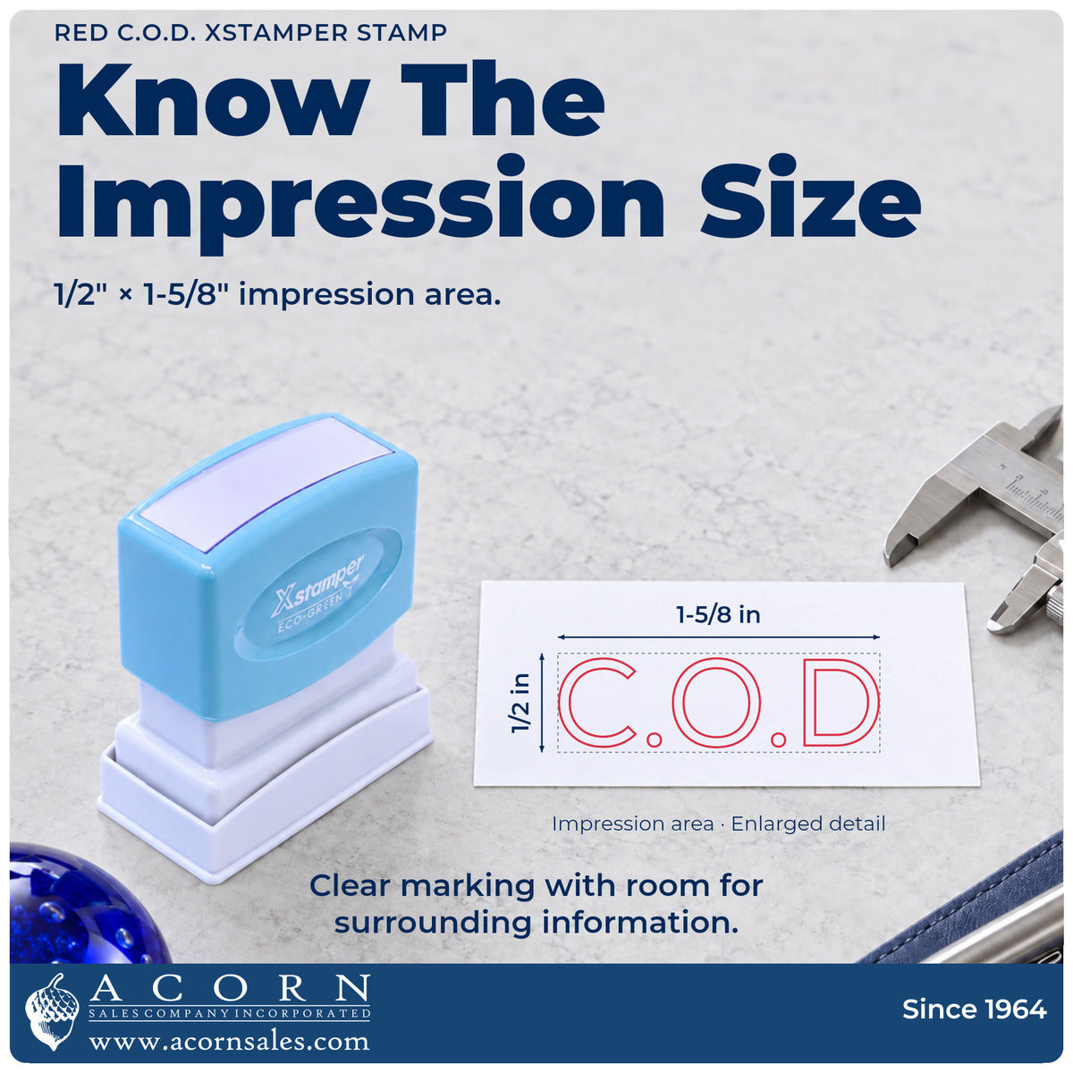 Impression size guide: the "C.O.D." imprint measures 1-5/8 x 1/2 in