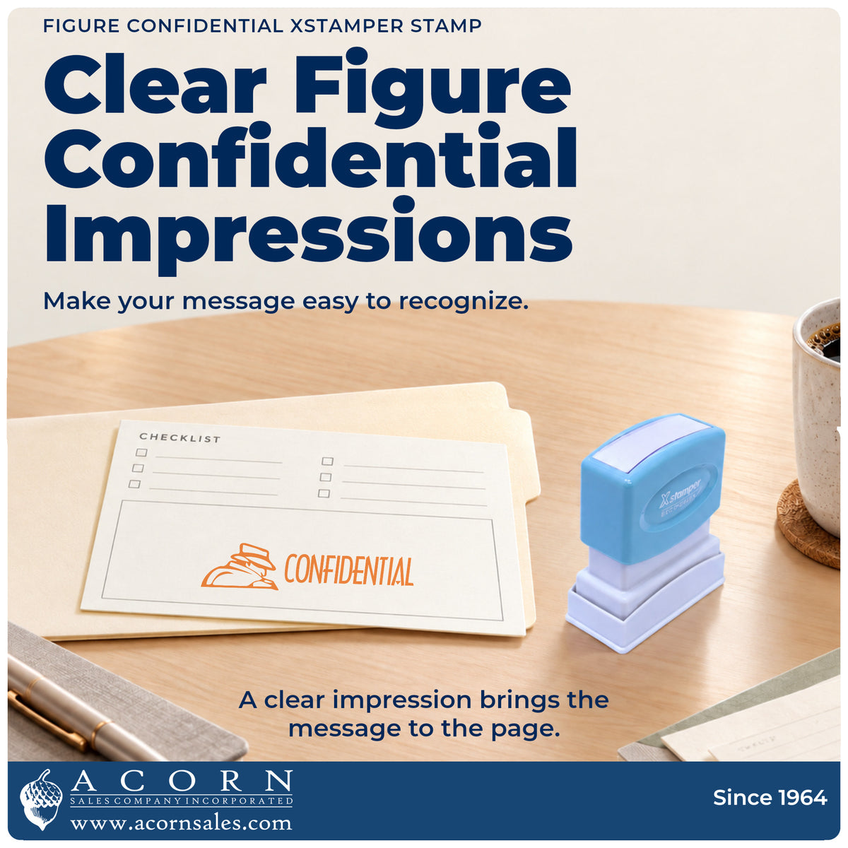 "Confidential" imprint on office paperwork beside the Confidential Office Stamp – Figure Style Pre-Inked Xstamper