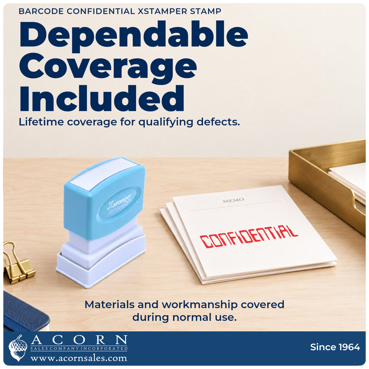 Lifetime guarantee graphic shown with the Confidential Document Stamp – Barcode Style Pre-Inked Xstamper from Acorn Sales